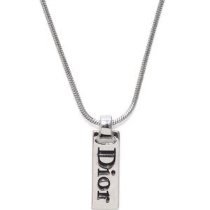 Christian Dior silver plated logo plate necklace w/box
